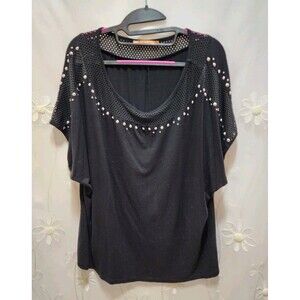 Belldini Womens Black 3X Blouse Mesh Studded Contemporary Edgy Rocker Goth Punk